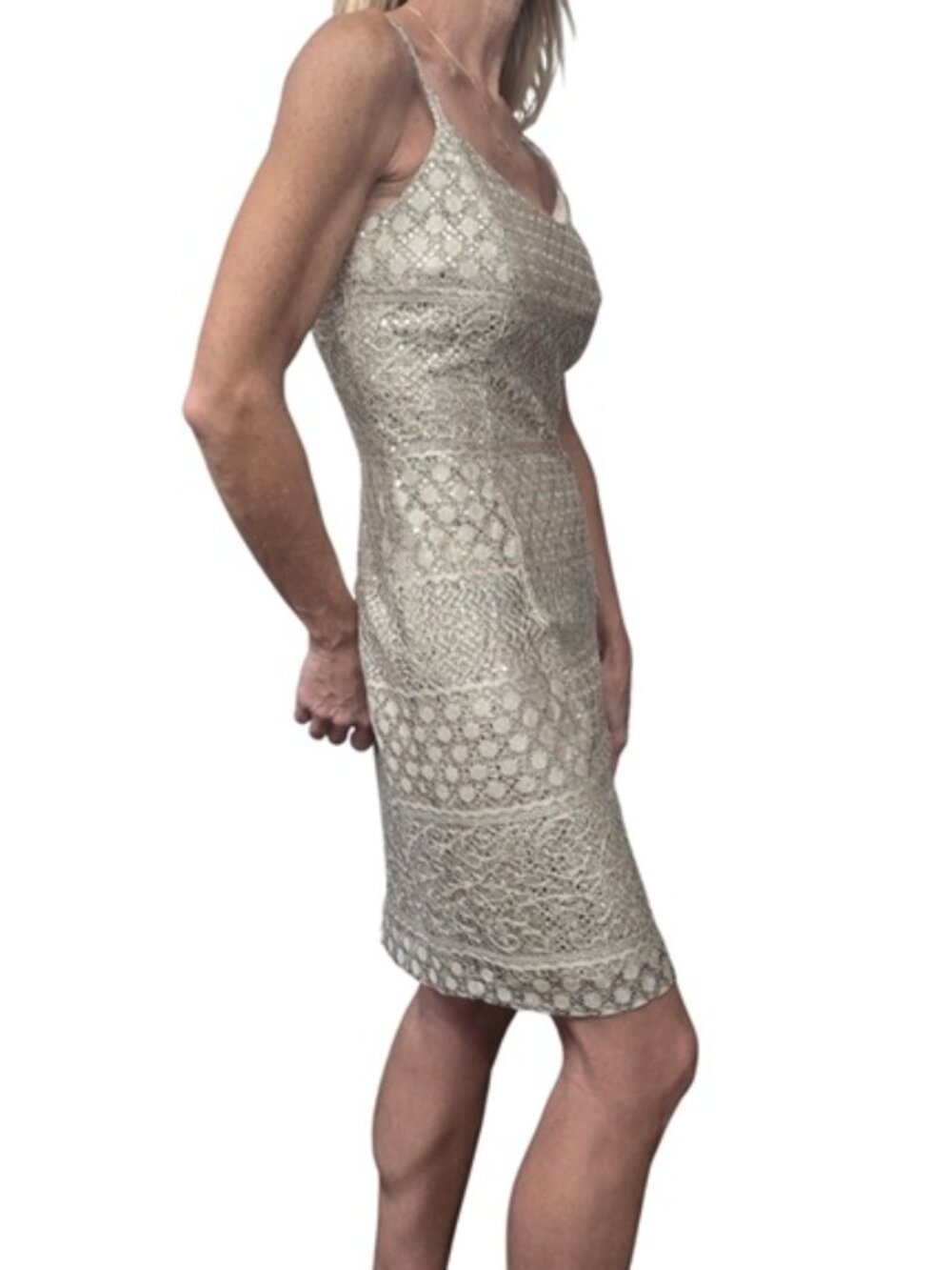 Vintage 90s Bari Jay Gold Metallic Lace Sequin Cocktail Sheath Dress